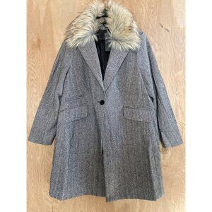 City Chic Sleek Fur Coat Women’s Size S/16 Herringbone Tweed Removable Fur Colla